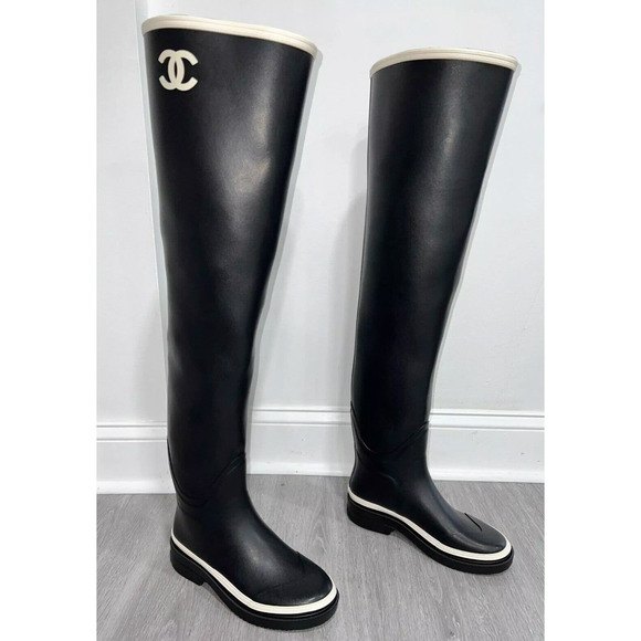 Chanel 22K Black White Caoutchouc CC Logo Thigh High Pull On Rubber Rain Boot 40 - Picture 4 of 12
